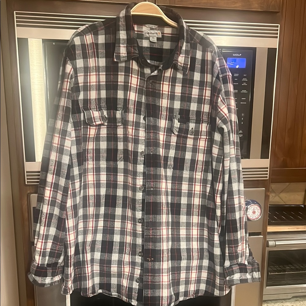 CARHARTT MENS 2XL ORIGINAL FIT PLAID HEAVY FLANNEL 2 pocket SHIRT BLACK RED WHIT